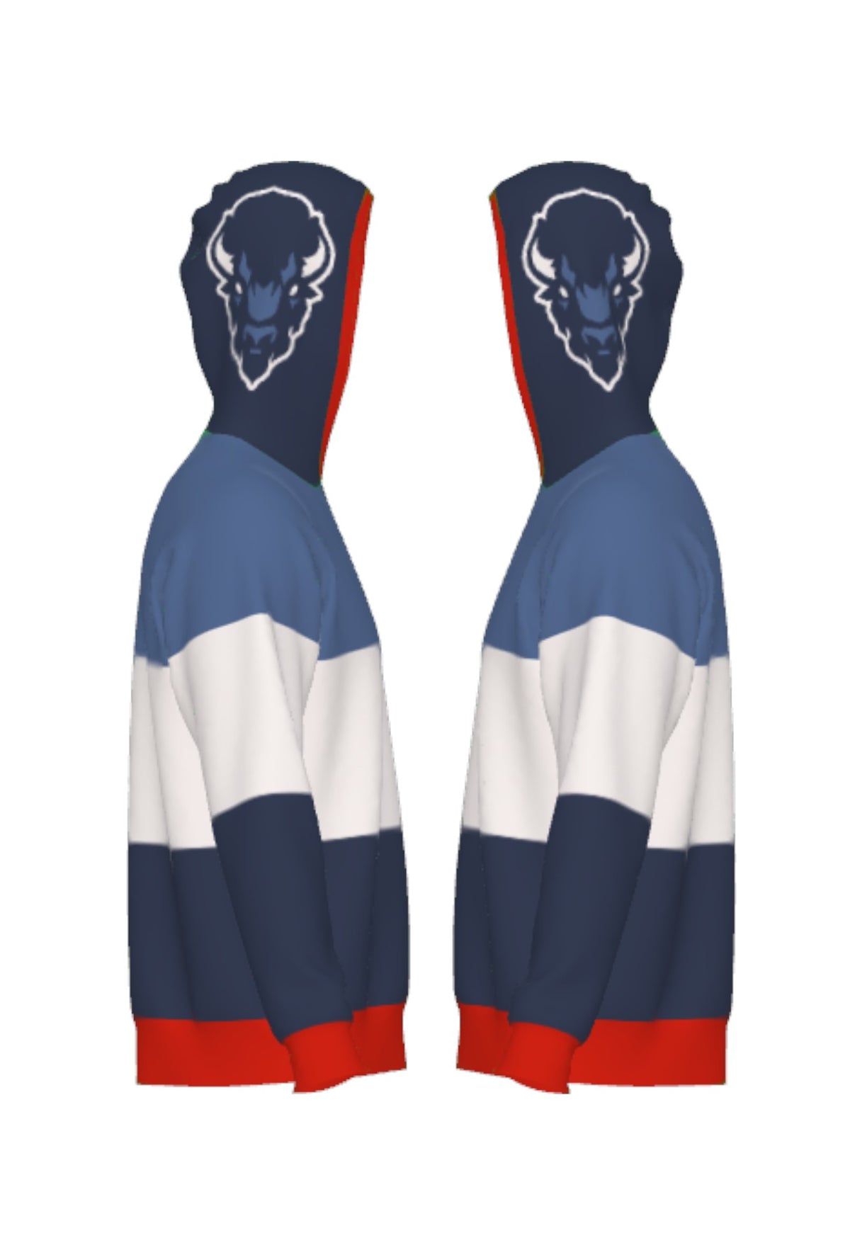Howard University Varsity Tri Stripe hooded knit sweater with Big Blue Bison head on the hood by SOUNDOFF - side