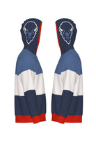 Howard University Varsity Tri Stripe hooded knit sweater with Big Blue Bison head on the hood by SOUNDOFF - side