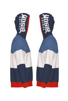 Howard University Varsity Tri Stripe hooded knit sweater with white stylized Howard Bison with horn on the hood by SOUNDOFF - side