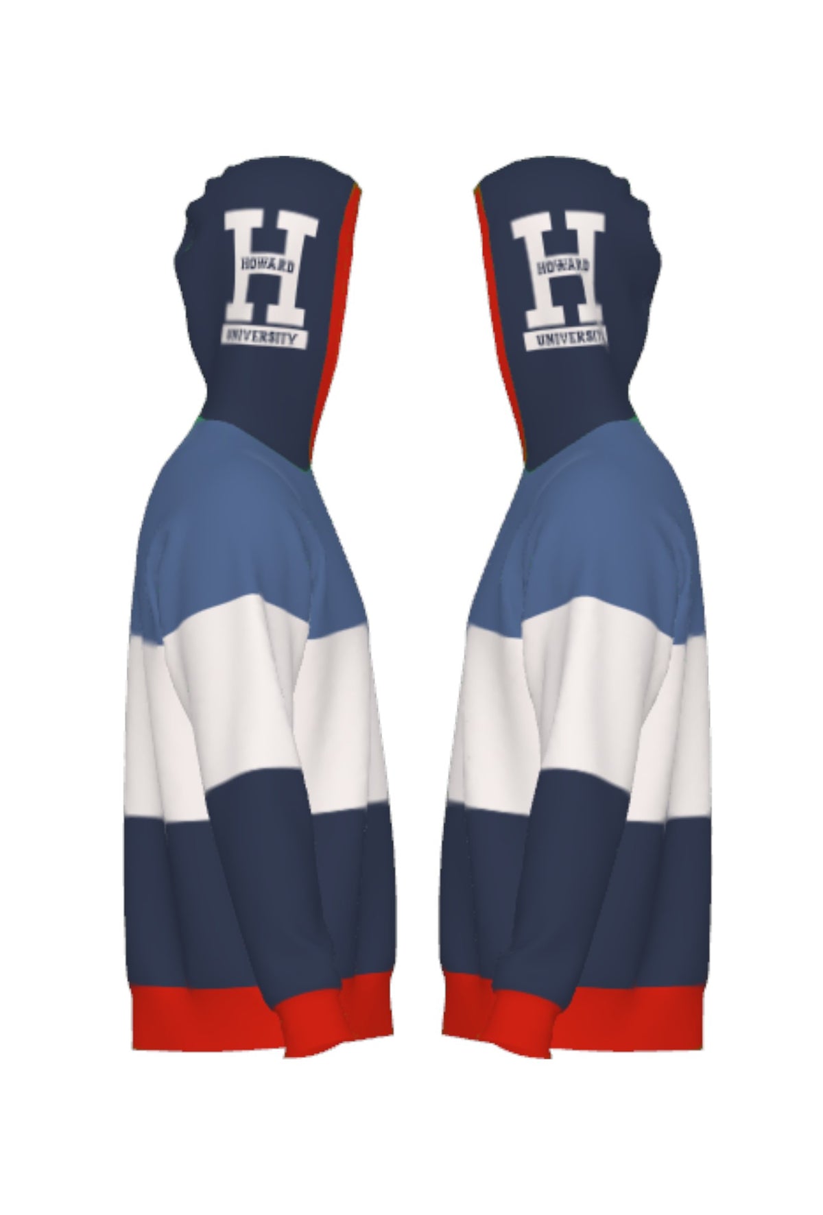 Howard University Varsity Tri Stripe hooded knit sweater with white Block Varsity H graphic featuring HOWARD and UNIVERSITY lettering on the hood by SOUNDOFF - side