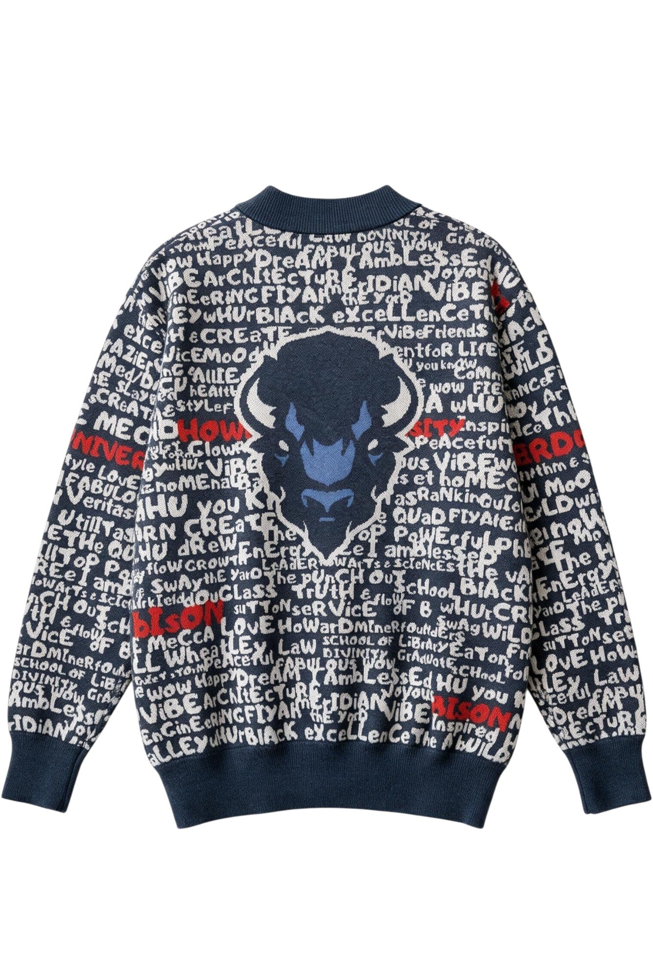Howard University Yard Scribes Hooded Knit Cardigan Sweater in Navy Blue with White Graffiti Design and Red Lettering by SOUNDOFF and Michelle Metcalf - back
