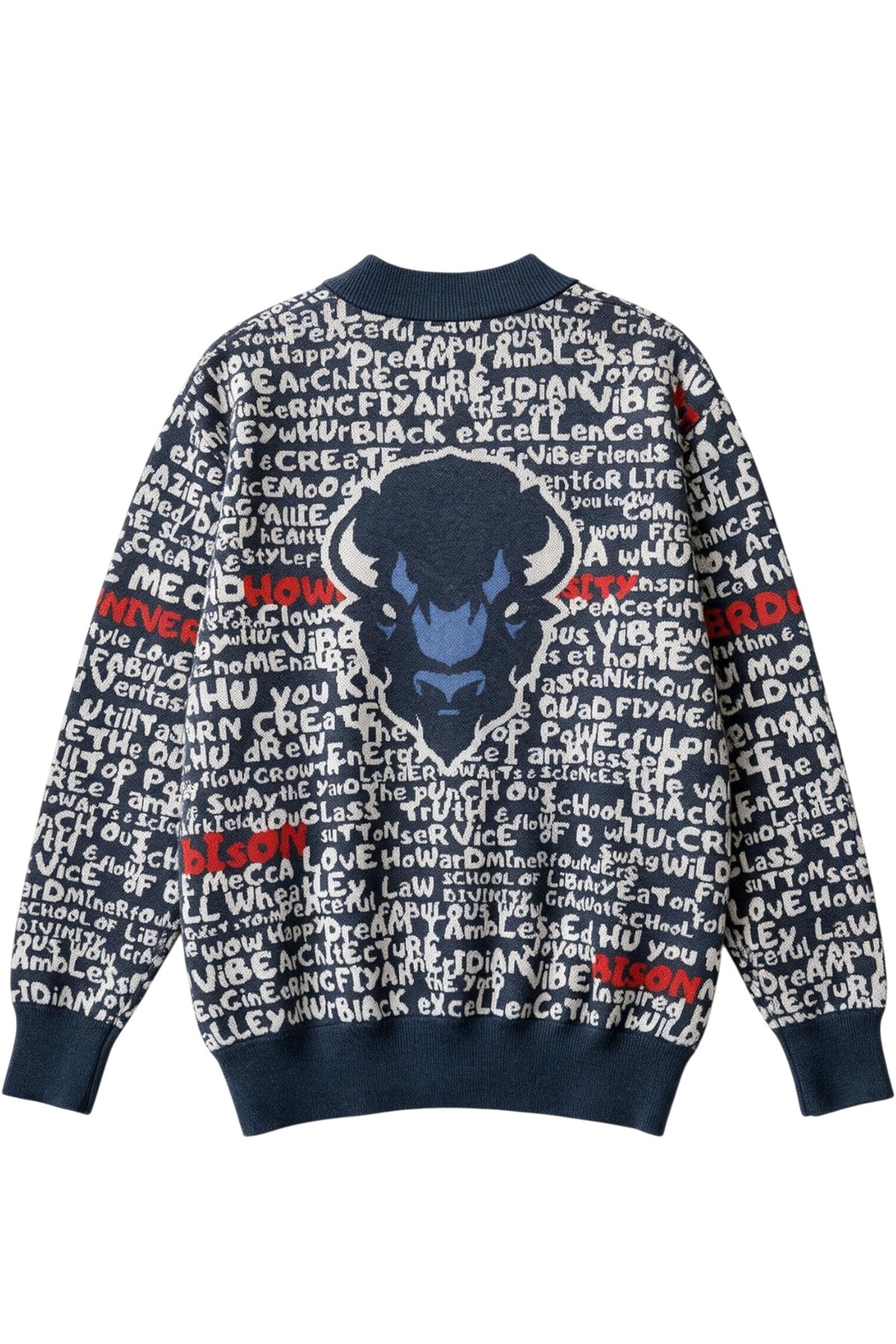 Howard University Yard Scribes Hooded Knit Cardigan Sweater in Navy Blue with White Graffiti Design and Red Lettering by SOUNDOFF and Michelle Metcalf - back