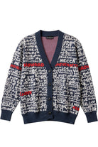 Howard University Yard Scribes Hooded Knit Cardigan Sweater in Navy Blue with White Graffiti Design and Red Lettering by SOUNDOFF and Michelle Metcalf - front