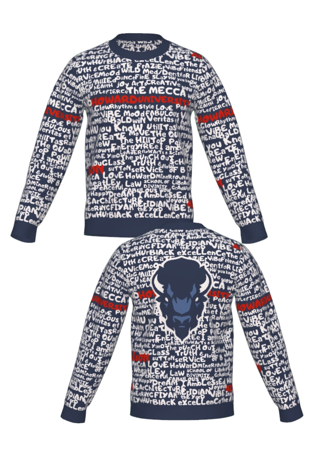 Howard University Yard Scribes Hooded Knit Crew Neck Sweater in Navy Blue with White Graffiti Design and Red Lettering by SOUNDOFF and Michelle Metcalf - front and back
