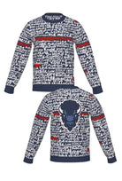 Howard University Yard Scribes Hooded Knit Crew Neck Sweater in Navy Blue with White Graffiti Design and Red Lettering by SOUNDOFF and Michelle Metcalf - front and back