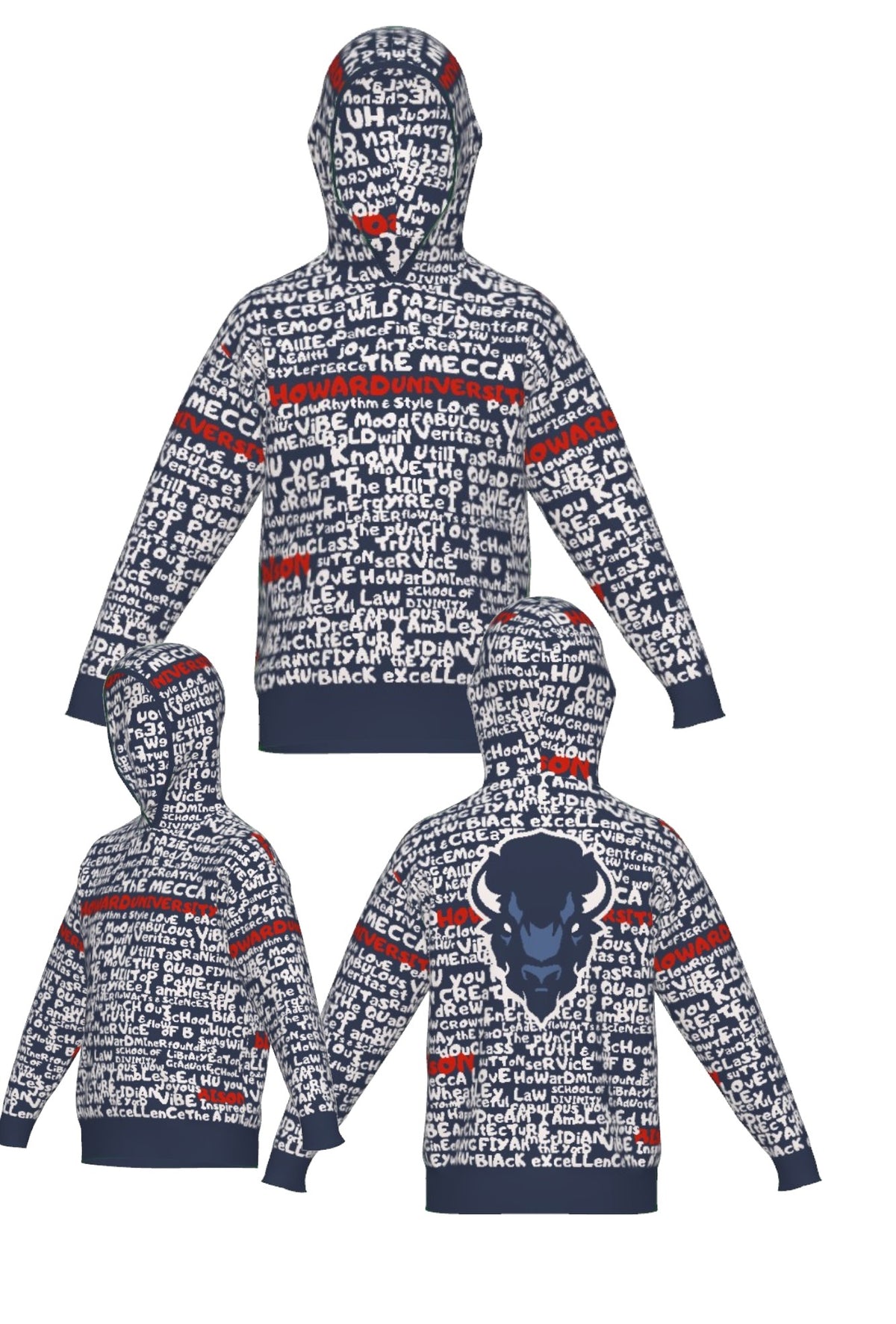Howard University Yard Scribes Hooded Knit Hooded Knit Sweater in Navy Blue with White Graffiti Design and Red Lettering by SOUNDOFF and Michelle Metcalf - front and back