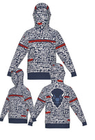 Howard University Yard Scribes Hooded Knit Hooded Knit Sweater in Navy Blue with White Graffiti Design and Red Lettering by SOUNDOFF and Michelle Metcalf - front and back