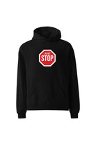 Black hoodie with a red and white just stop sign graphic on a white background