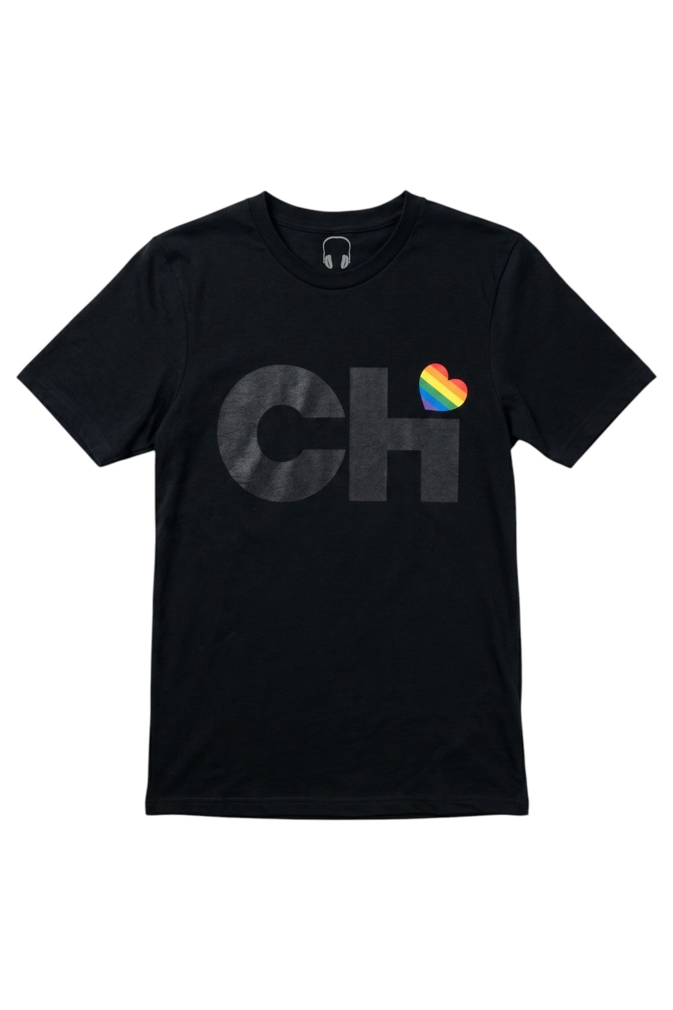 Front view of the Love Chicago Pride t-shirt in black, featuring a bold black CHi graphic where a rainbow heart dots the I.