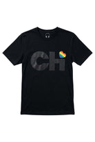 Front view of the Love Chicago Pride t-shirt in black, featuring a bold black CHi graphic where a rainbow heart dots the I.