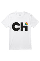 Front view of the Love Chicago Pride t-shirt in white, featuring a bold black CHi graphic where a rainbow heart dots the I.
