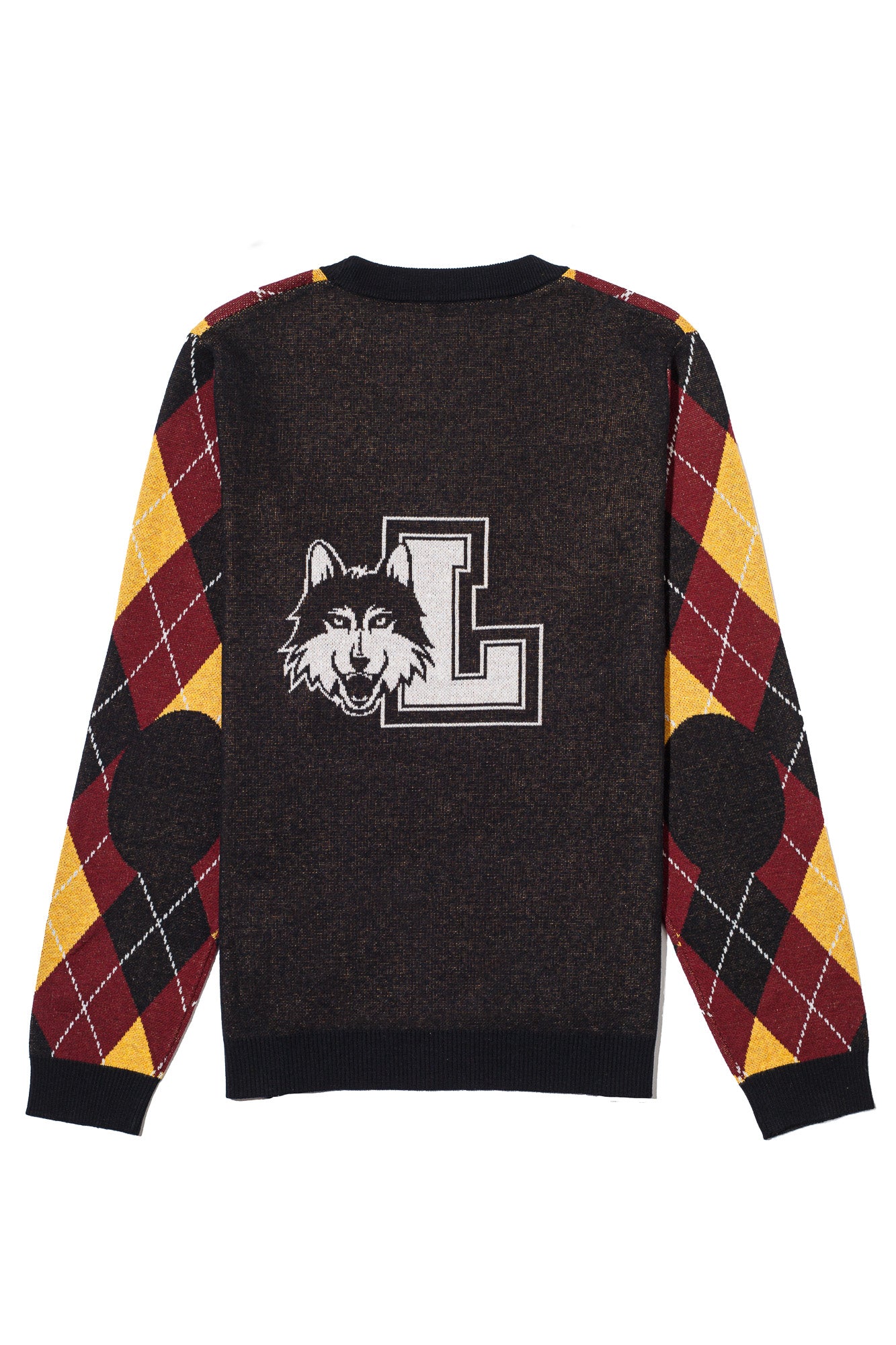 Loyola University Chicago Argyle Knit Classic Crew Neck Sweater by Soundoff in burgundy, mustard, black and white back 