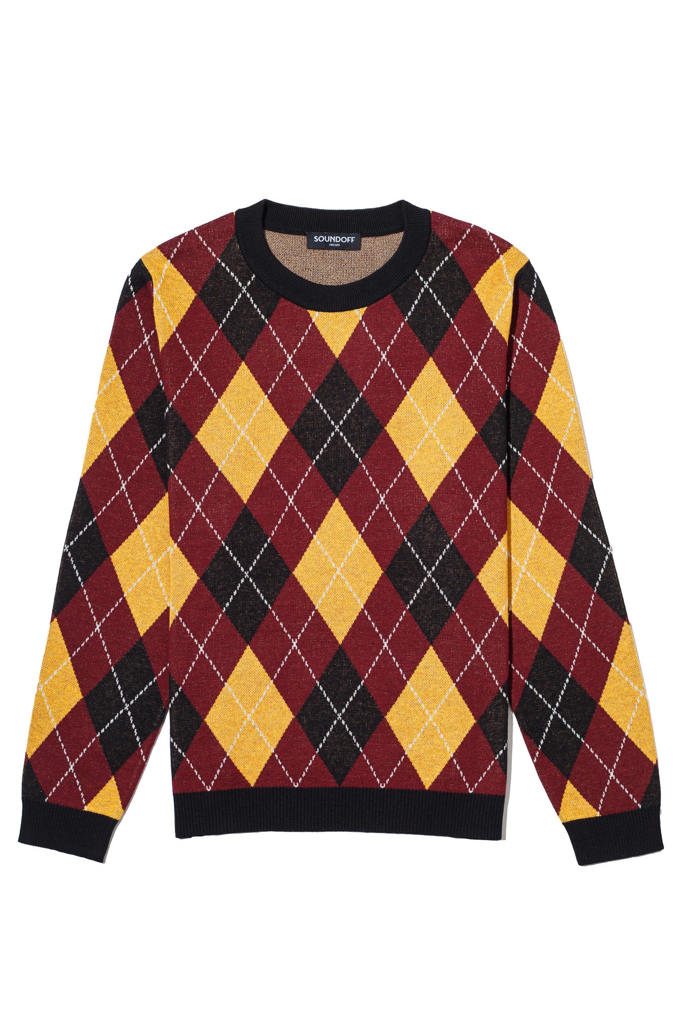 Loyola University Chicago Argyle Knit Classic Crew Neck Sweater by Soundoff in burgundy, mustard, black and white front