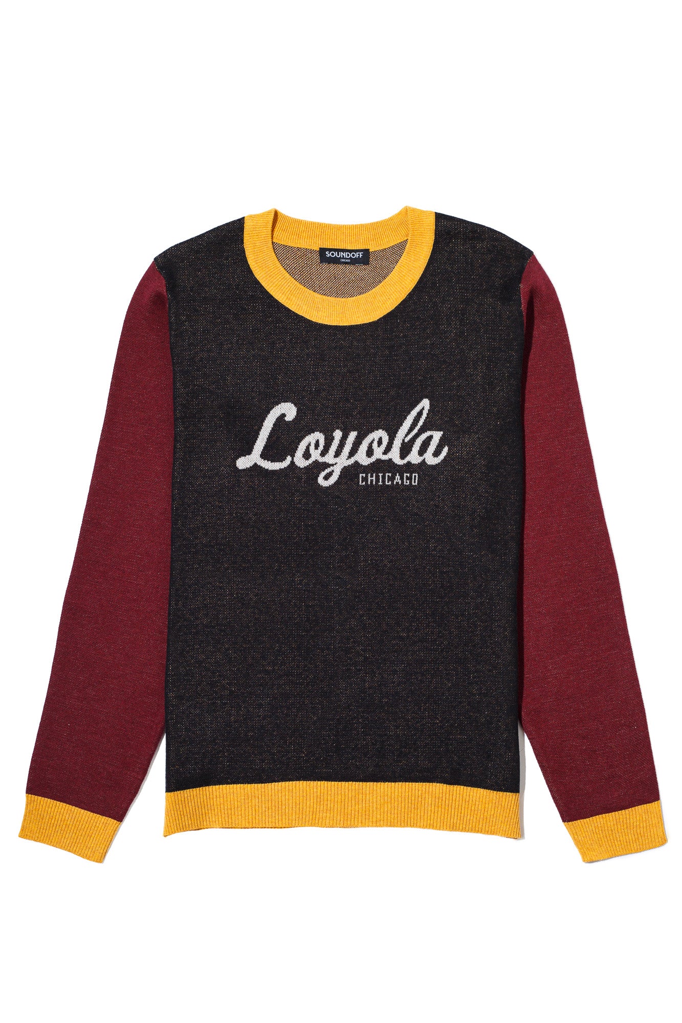 Loyola University Chicago Color Block Knit Classic Crew Neck Sweater by Soundoff in burgundy, mustard, black and white front