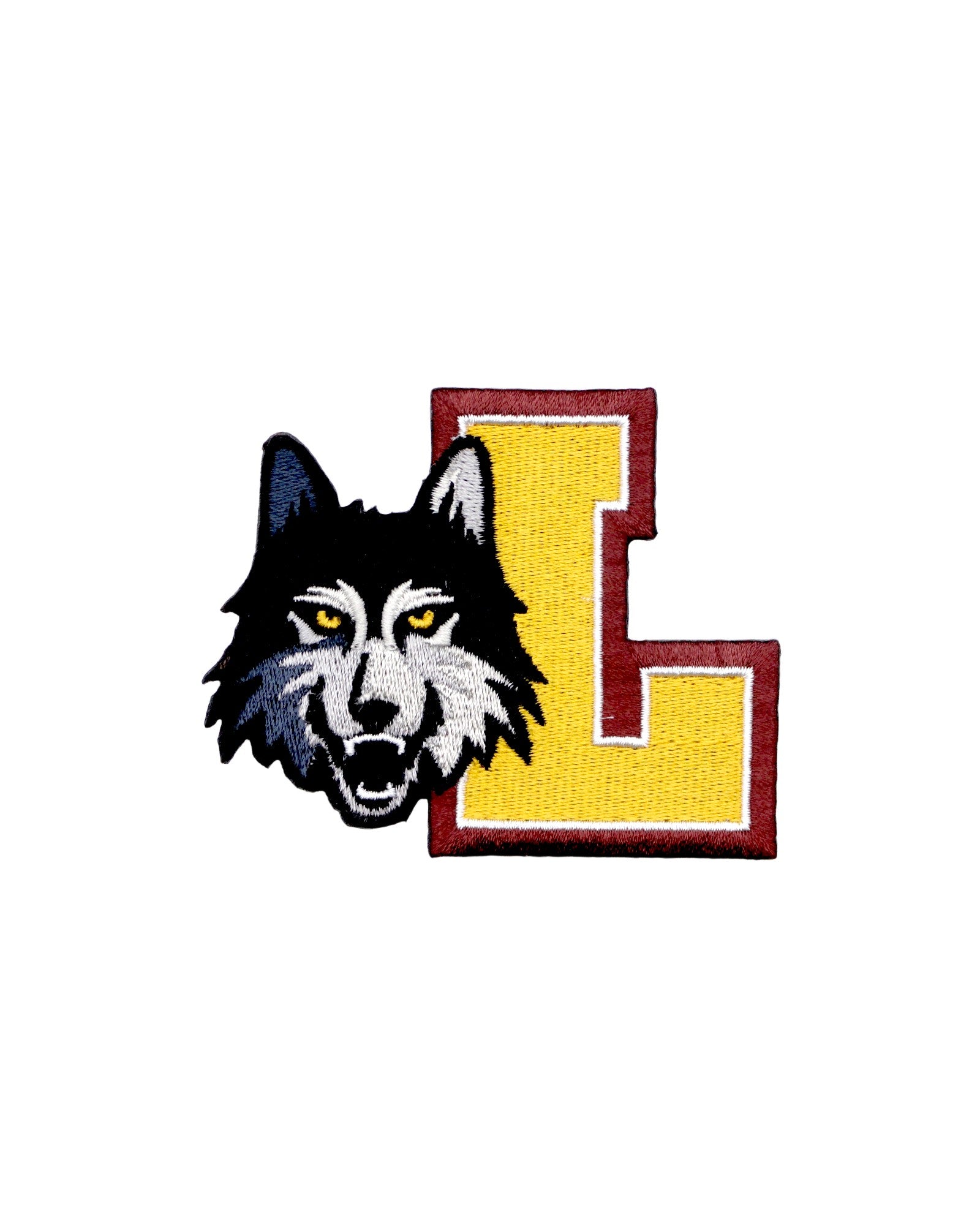 embroidered crest patch with the loyola university chicago wolf mascot and a block L from soundoff front