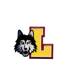 embroidered crest patch with the loyola university chicago wolf mascot and a block L from soundoff front
