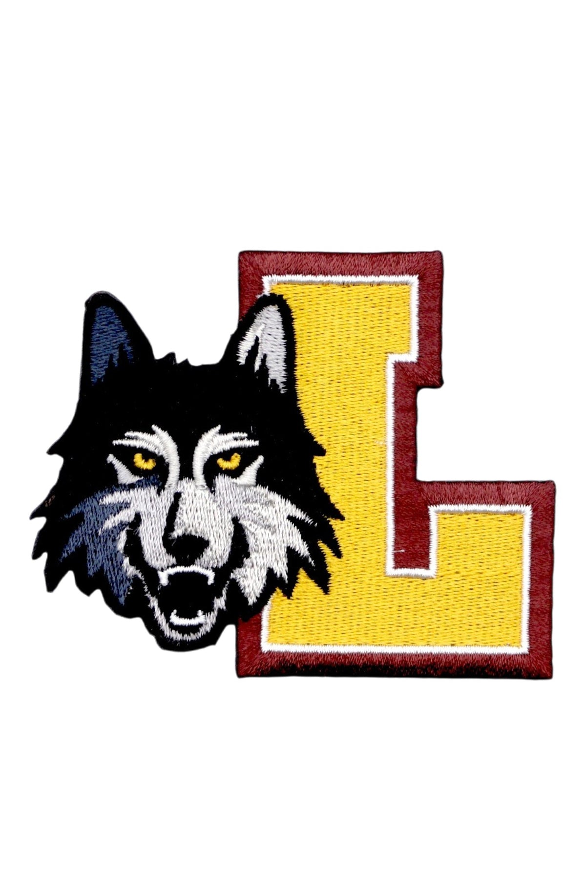 Loyola University Chicago Wolf Head and Block L Embroidered Crest Patch in Black, Gray, Burgundy and Mustard Gold, 3.4 inches wide by 2.8 inches tall by SOUNDOFF - front