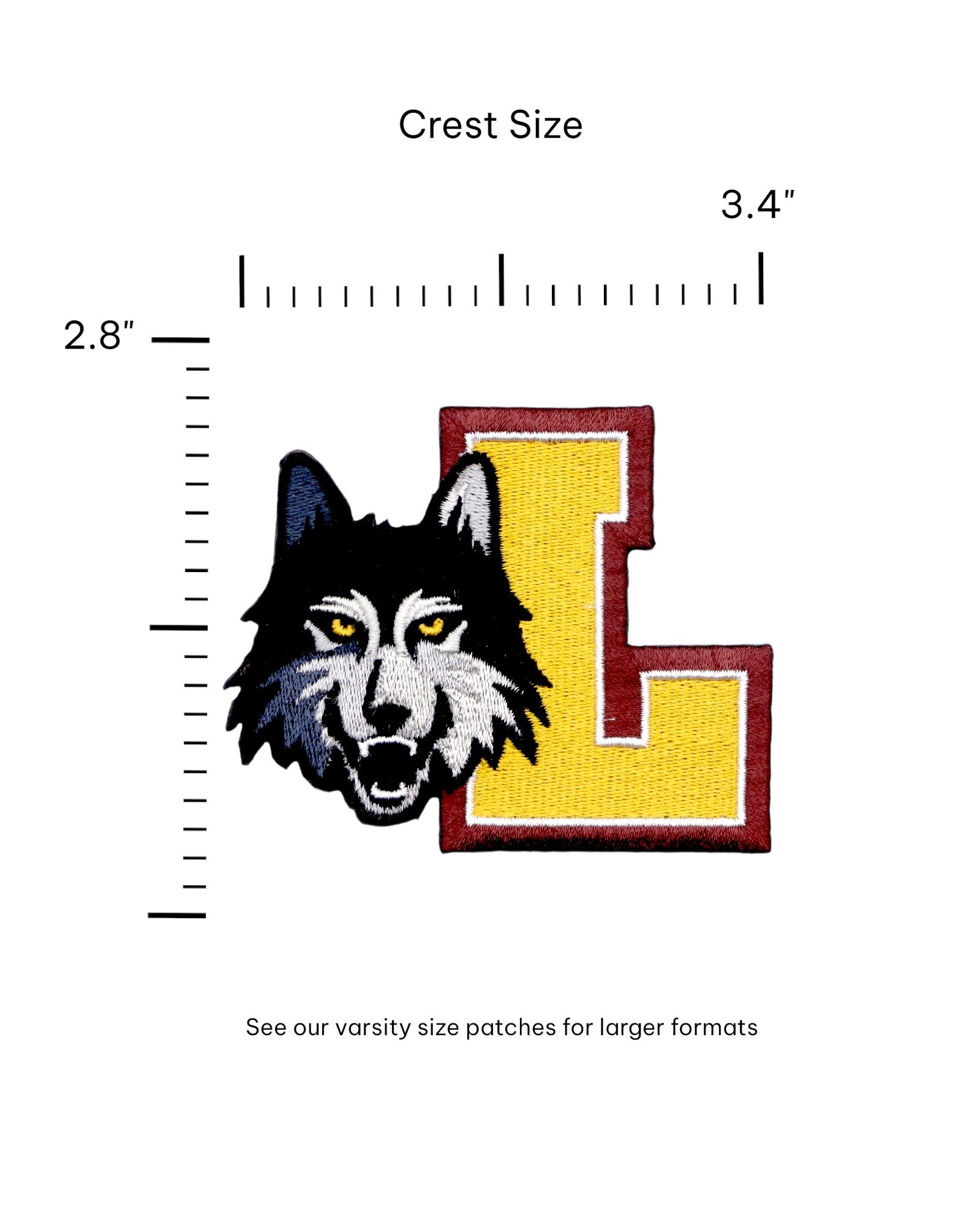 embroidered crest patch with the loyola university chicago wolf mascot and a block L from soundoff front with size