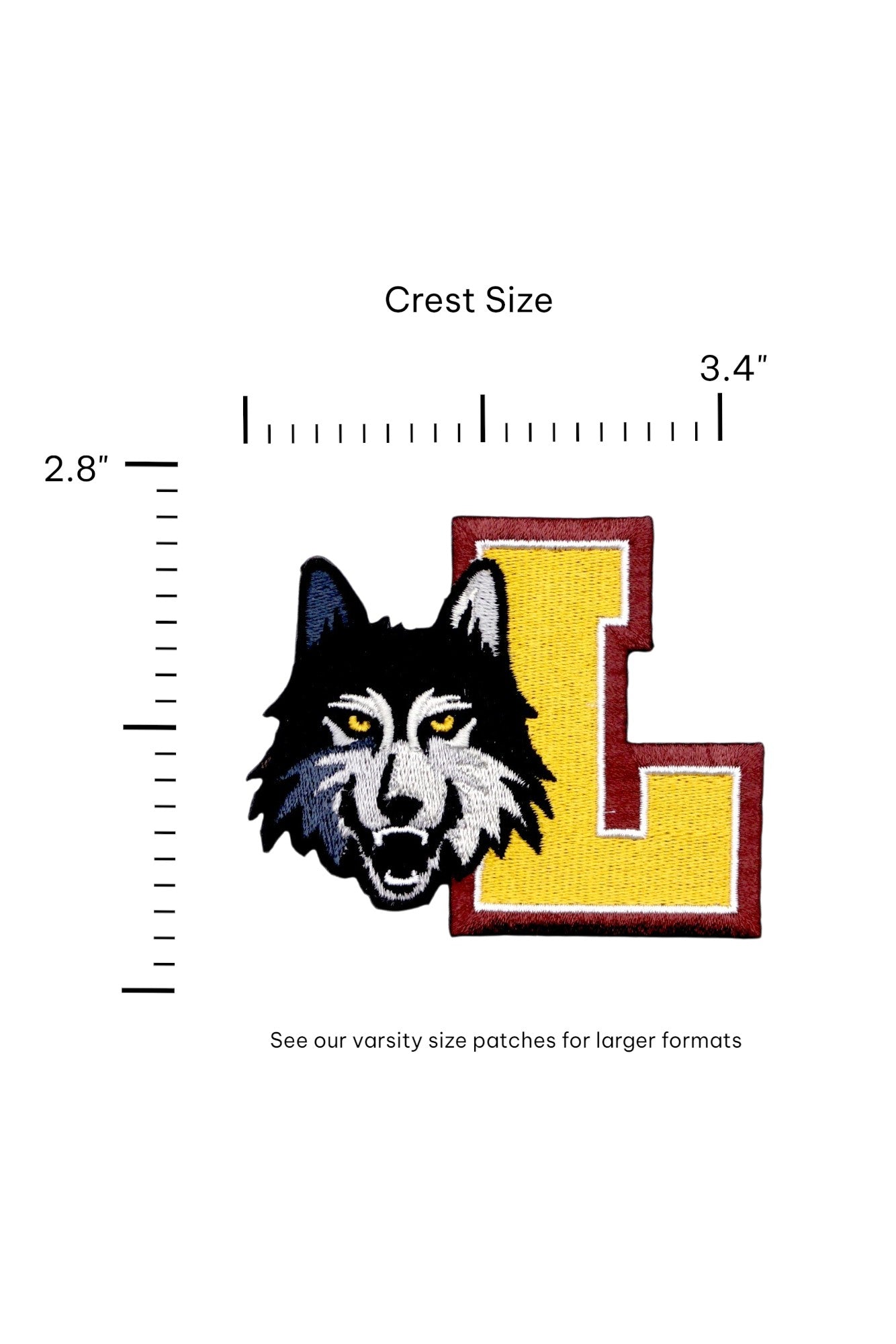 Loyola University Chicago Wolf Head and Block L Embroidered Crest Patch in Black, Gray, Burgundy and Mustard Gold, 3.4 inches wide by 2.8 inches tall by SOUNDOFF - size
