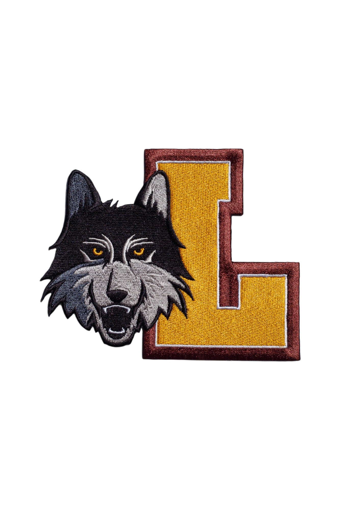 Embroidered patch with the Loyola University Chicago Wolf Mascot and a Block L from Soundoff Front