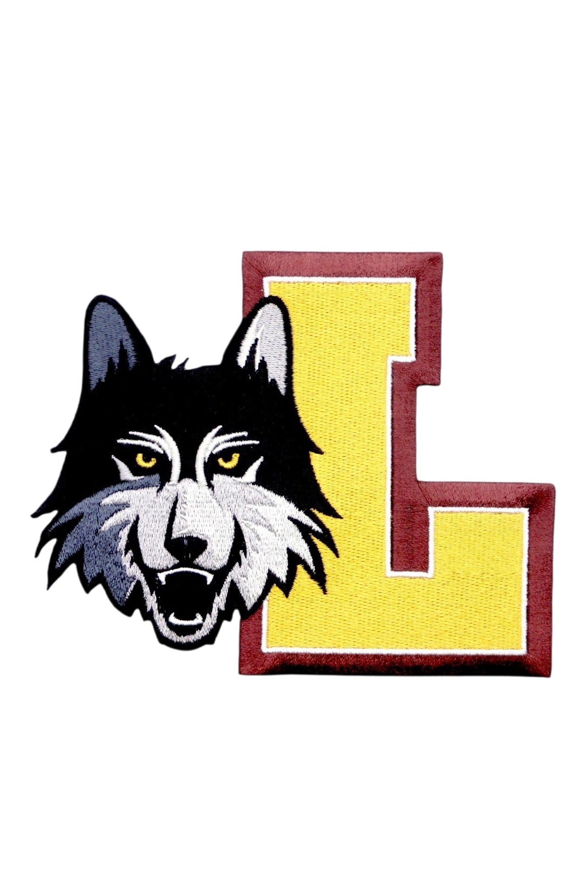 Loyola University Chicago LUC Wolf & Block L Embroidered Varsity Patch in Black, Gray, Maroon and Gold, 5.5 inches wide by 4.5 inches tall by SOUNDOFF - front