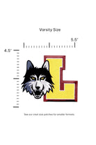 Loyola University Chicago LUC Wolf & Block L Embroidered Varsity Patch in Black, Gray, Maroon and Gold, 5.5 inches wide by 4.5 inches tall by SOUNDOFF - size