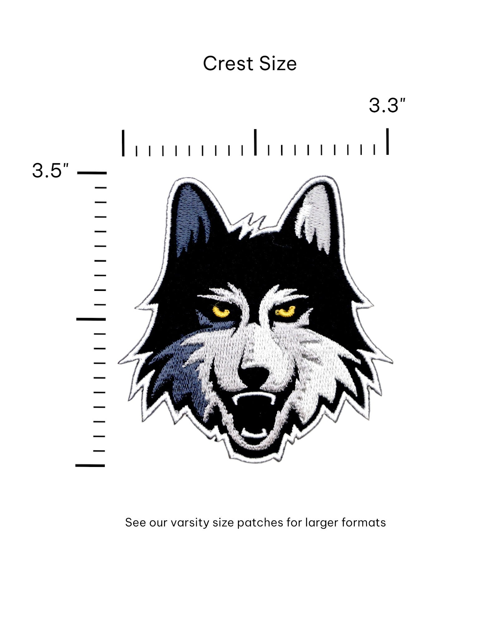 loyola university chicago wolf logo embroidered crest patch in black gray and mustard from soundoff front with size