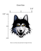 loyola university chicago wolf logo embroidered crest patch in black gray and mustard from soundoff front with size