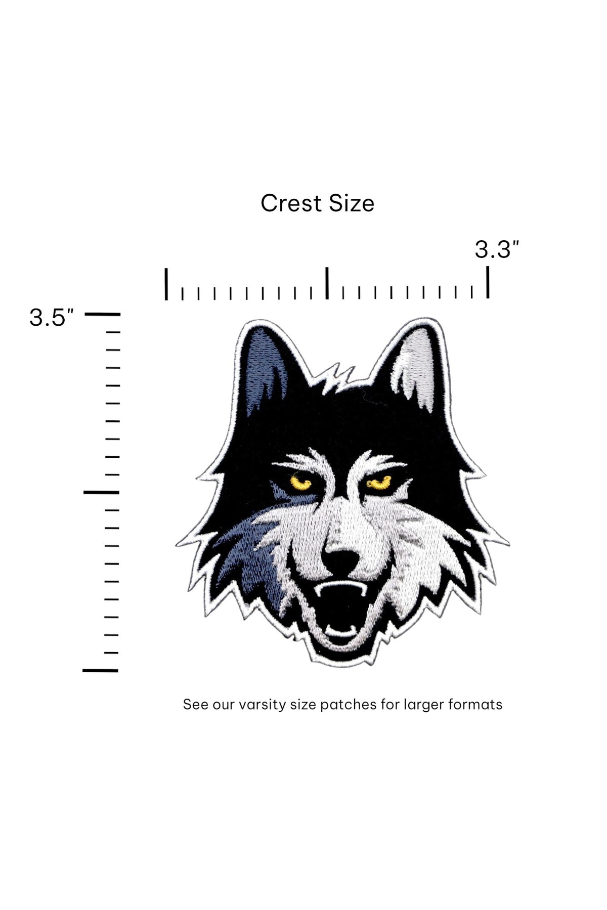 Loyola University Chicago LUC Wolf Embroidered Crest Patch in Black, Gray and Gold, 3.3 inches wide by 3.5 inches tall by SOUNDOFF - size