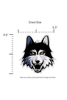 Loyola University Chicago LUC Wolf Embroidered Crest Patch in Black, Gray and Gold, 3.3 inches wide by 3.5 inches tall by SOUNDOFF - size