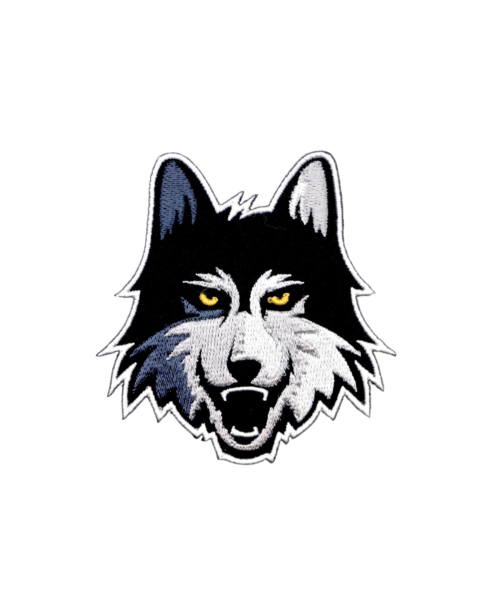 loyola university chicago wolf logo embroidered crest patch in black gray and mustard from soundoff front