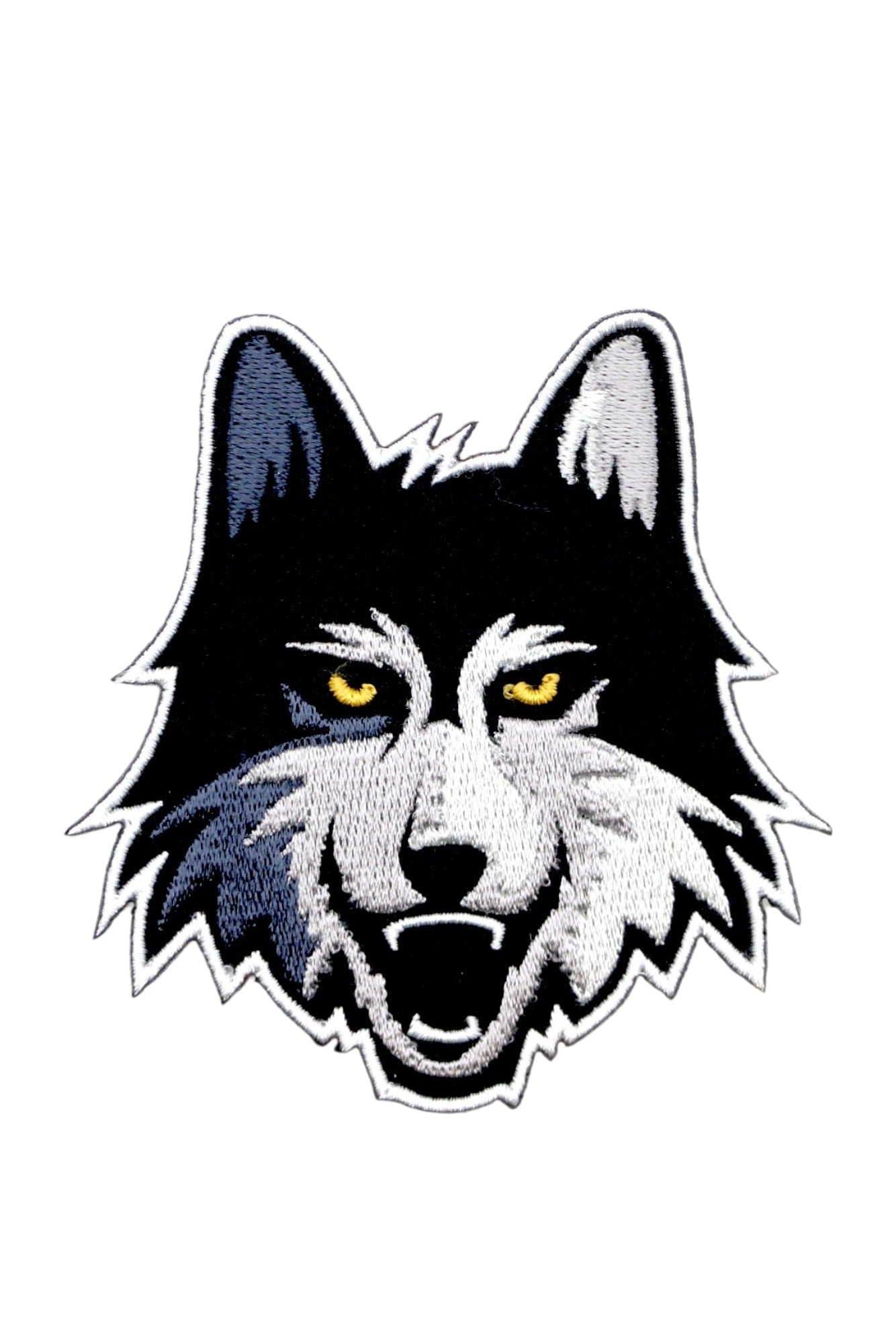 Loyola University Chicago LUC Wolf Embroidered Crest Patch in Black, Gray and Gold, 3.3 inches wide by 3.5 inches tall by SOUNDOFF - front