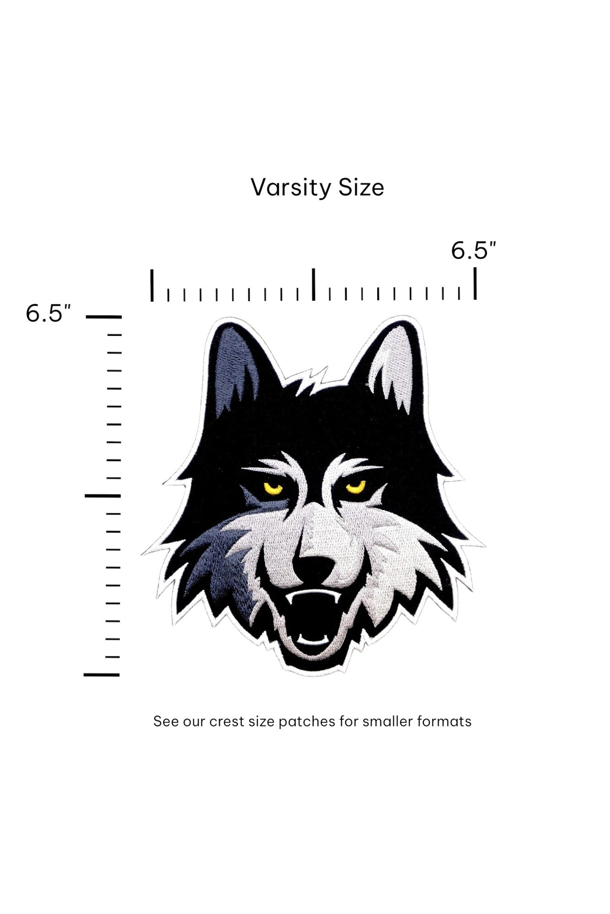 Loyola University Chicago LUC Wolf Embroidered Varsity Patch in Black, Gray and Gold, 6.5 inches wide by 6.2 inches tall by SOUNDOFF - size