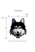Loyola University Chicago LUC Wolf Embroidered Varsity Patch in Black, Gray and Gold, 6.5 inches wide by 6.2 inches tall by SOUNDOFF - size