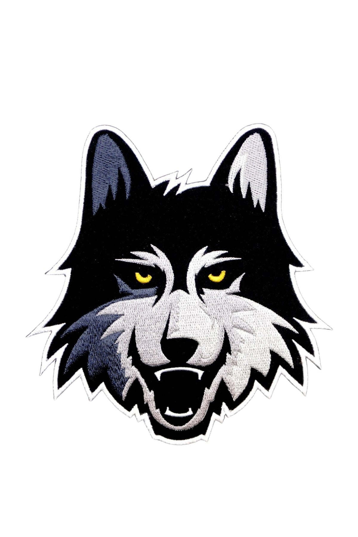 Loyola University Chicago LUC Wolf Embroidered Varsity Patch in Black, Gray and Gold, 6.5 inches wide by 6.2 inches tall by SOUNDOFF - front