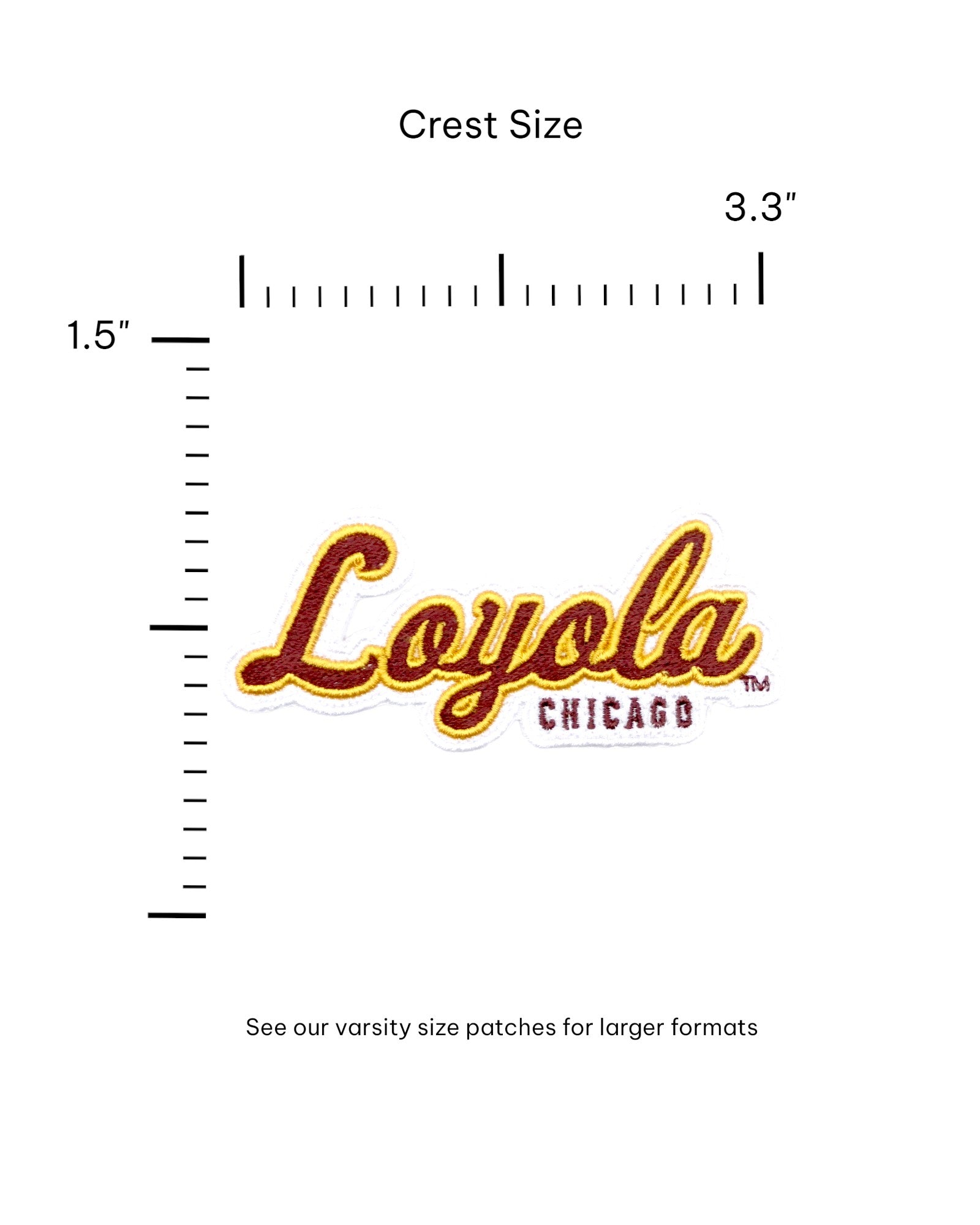 loyola university chicago script logo crest patch in maroon, gold and white from soundoff with size