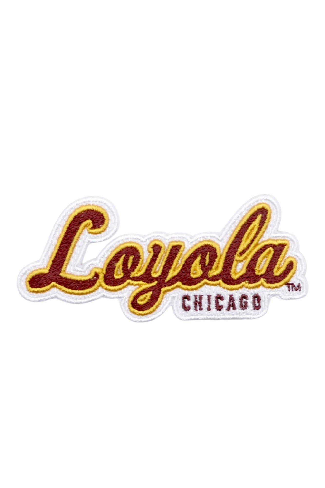 Loyola University Chicago Script Crest Embroidered Patch in Burgundy and Mustard Gold, 3.5 inches wide by 1.5 inches tall by SOUNDOFF - front