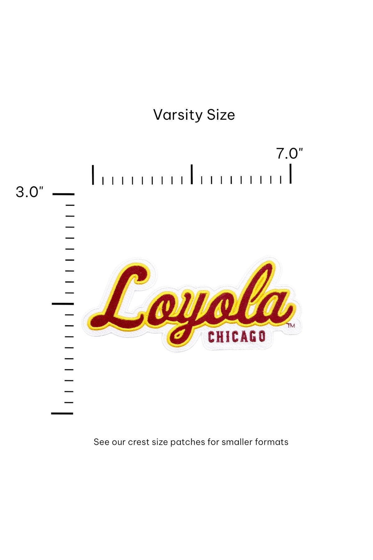 Loyola University Chicago Script Varsity Embroidered Patch in Burgundy and Mustard Gold, 7 inches wide by 3 inches tall by SOUNDOFF - size
