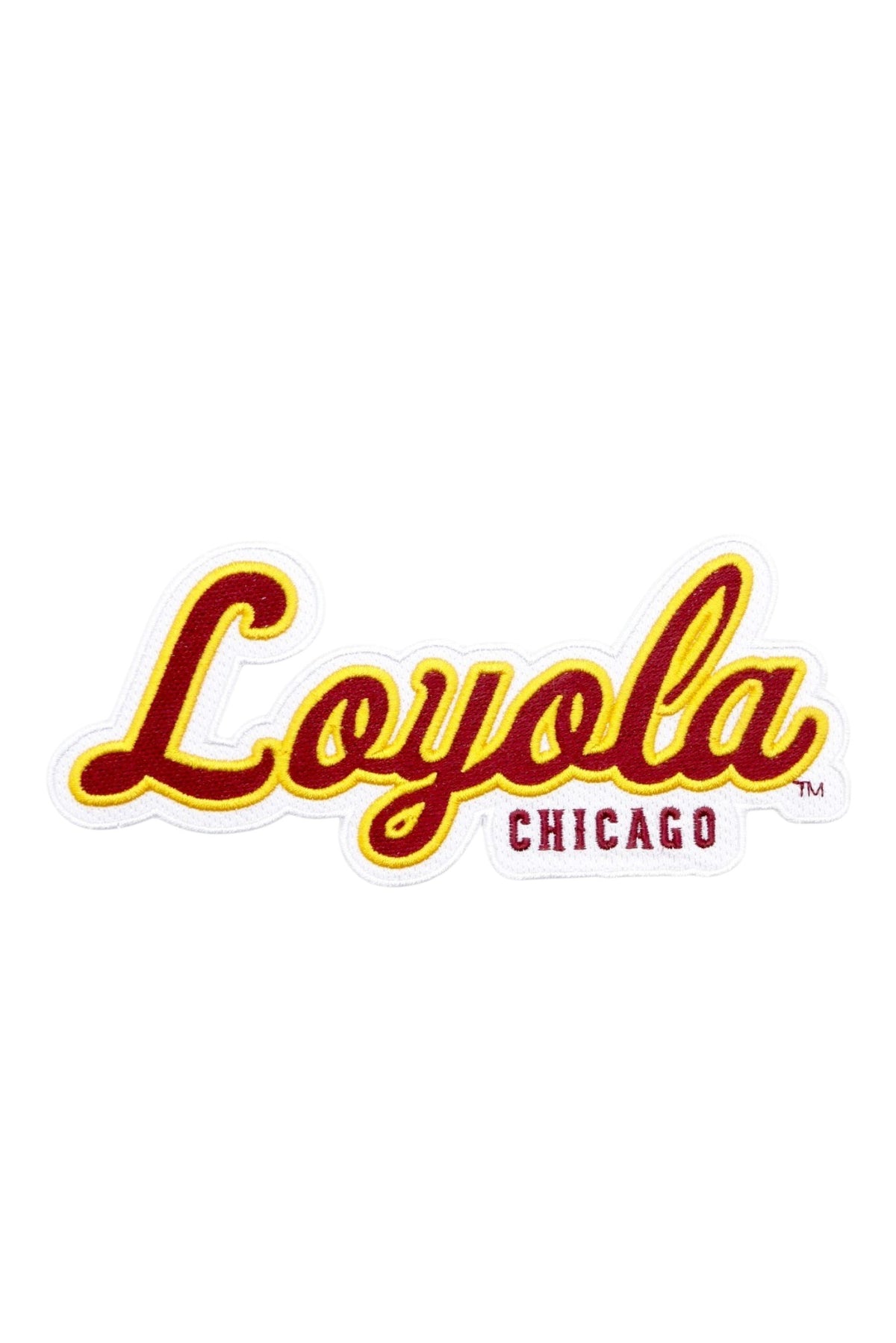Loyola University Chicago Script Varsity Embroidered Patch in Burgundy and Mustard Gold, 7 inches wide by 3 inches tall by SOUNDOFF - front