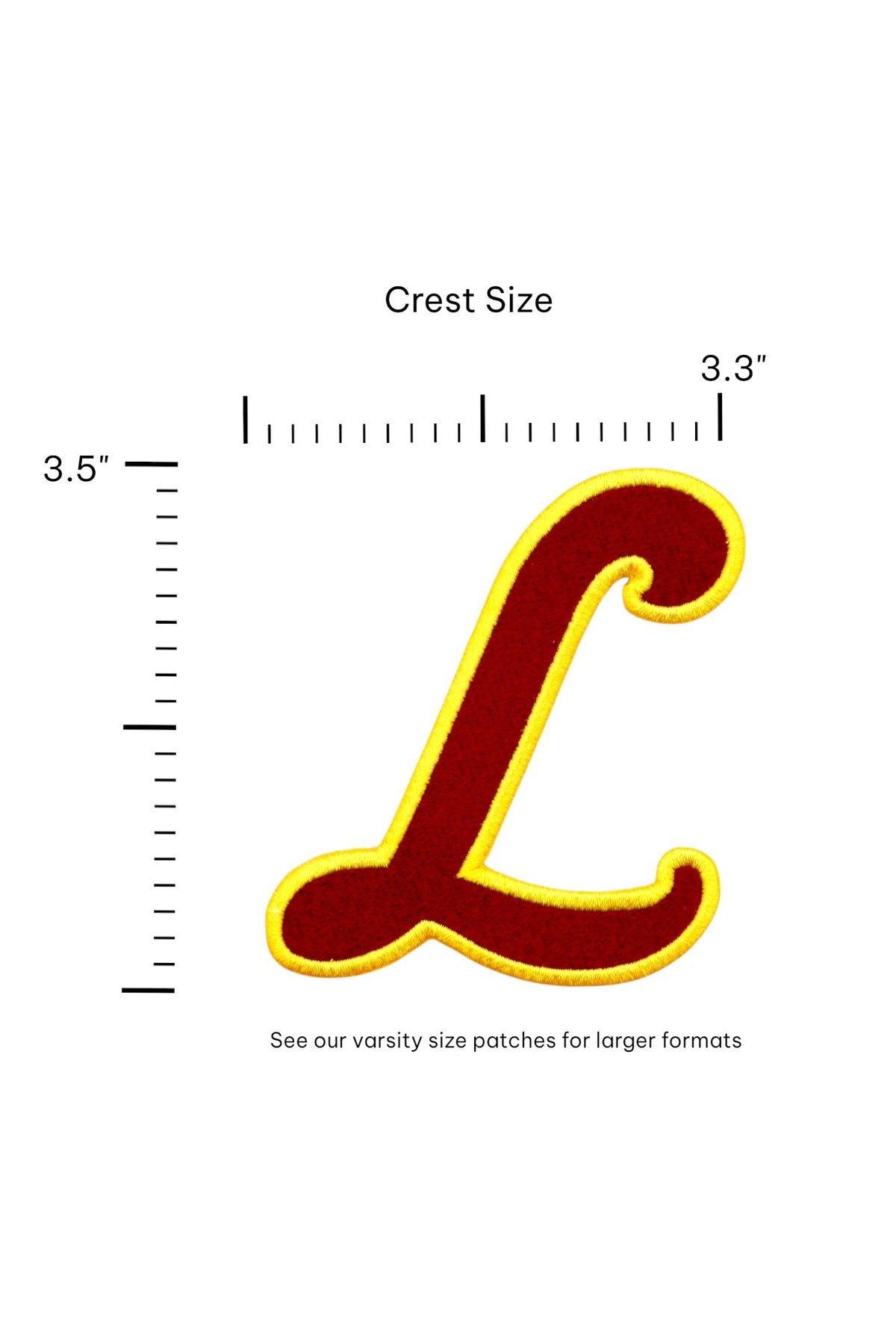 Loyola University Chicago Script L Crest Embroidered Patch in Burgundy and Mustard Gold, 3.3 inches wide by 3.5 inches tall by SOUNDOFF - size