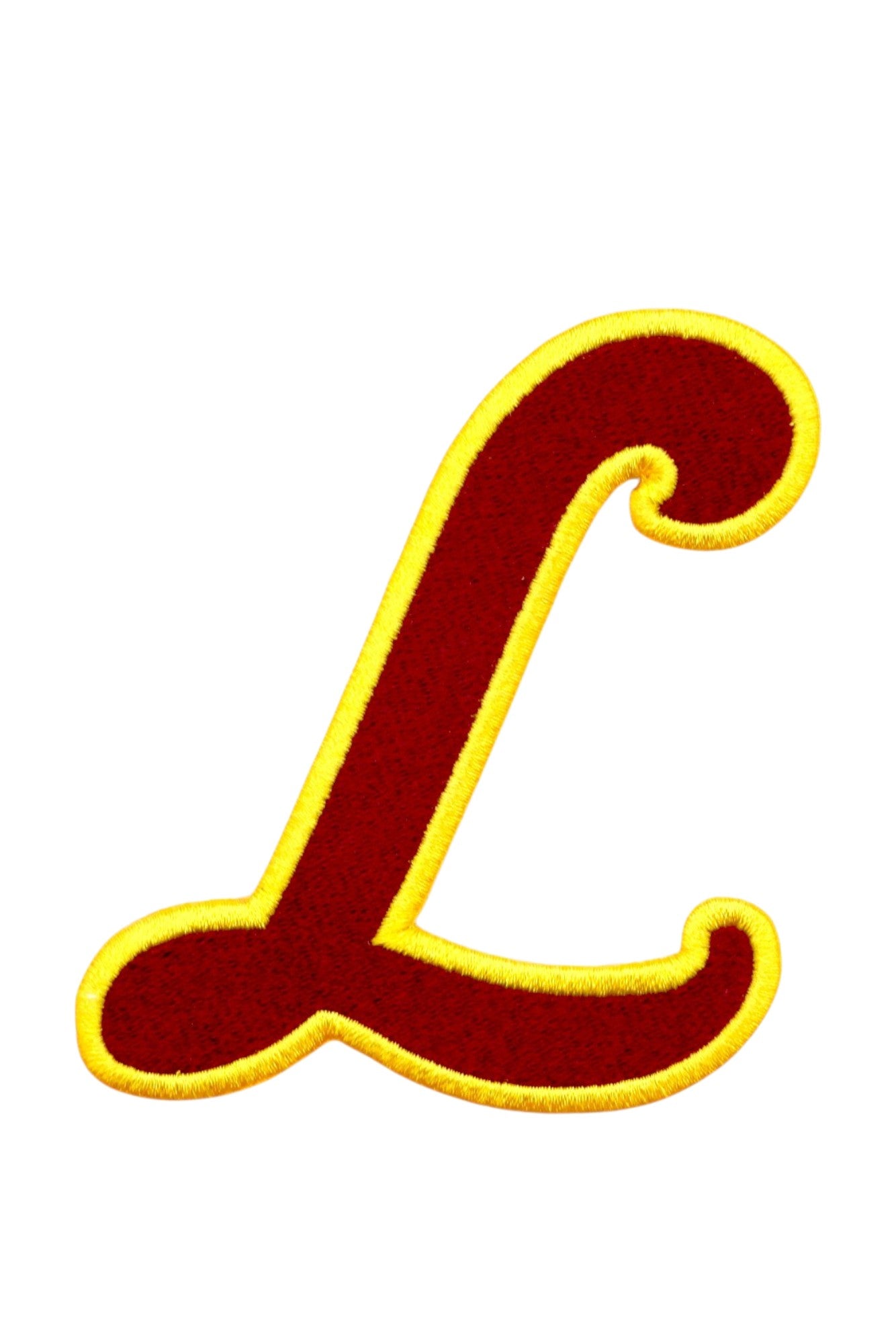 Loyola University Chicago Script L Crest Embroidered Patch in Burgundy and Mustard Gold, 3.3 inches wide by 3.5 inches tall by SOUNDOFF - front