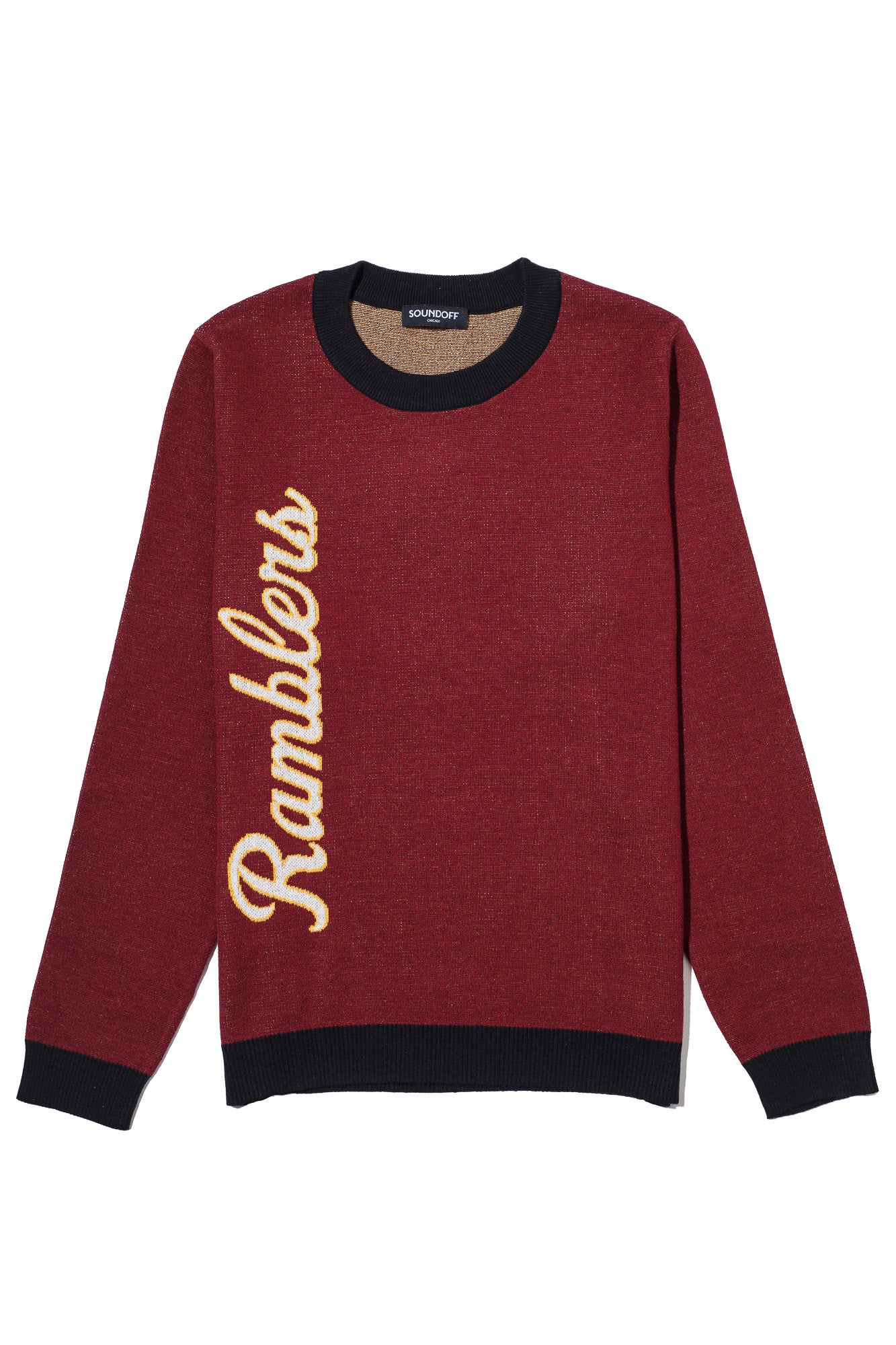 Loyola University Chicago Ramblers CHI Knit Classic Crew Neck Sweater by Soundoff in burgundy, mustard, black and white front