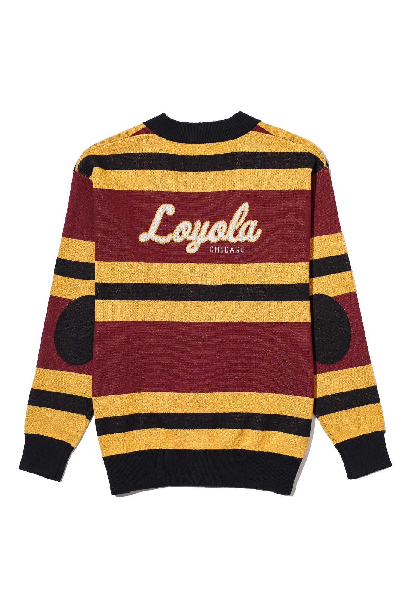 Loyola University Chicago Rugby Stripe Knit Cardigan Sweater by Soundoff in burgundy, mustard, black and white back