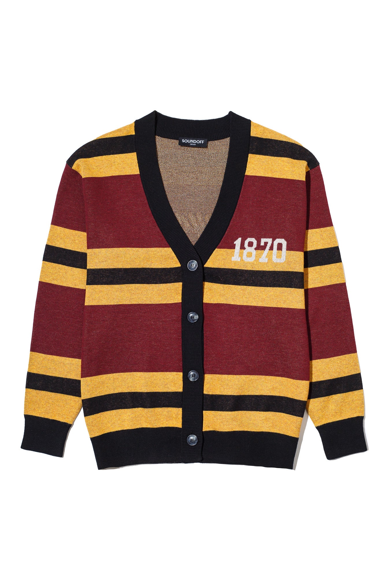 Loyola University Chicago Rugby Stripe Knit Cardigan Sweater by Soundoff in burgundy, mustard, black and white front