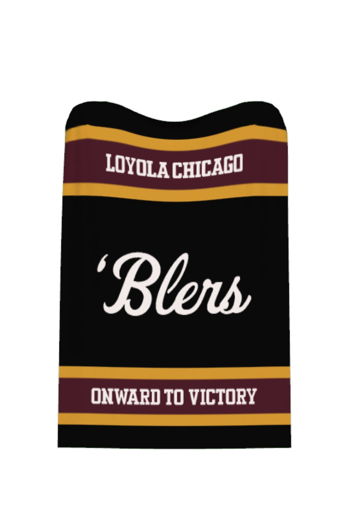 Loyola University Chicago varsity knit throw blanket in black, burgundy, and mustard gold with 'Blers script logo by SOUNDOFF - front