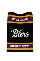 Loyola University Chicago varsity knit throw blanket in black, burgundy, and mustard gold with 'Blers script logo by SOUNDOFF - front