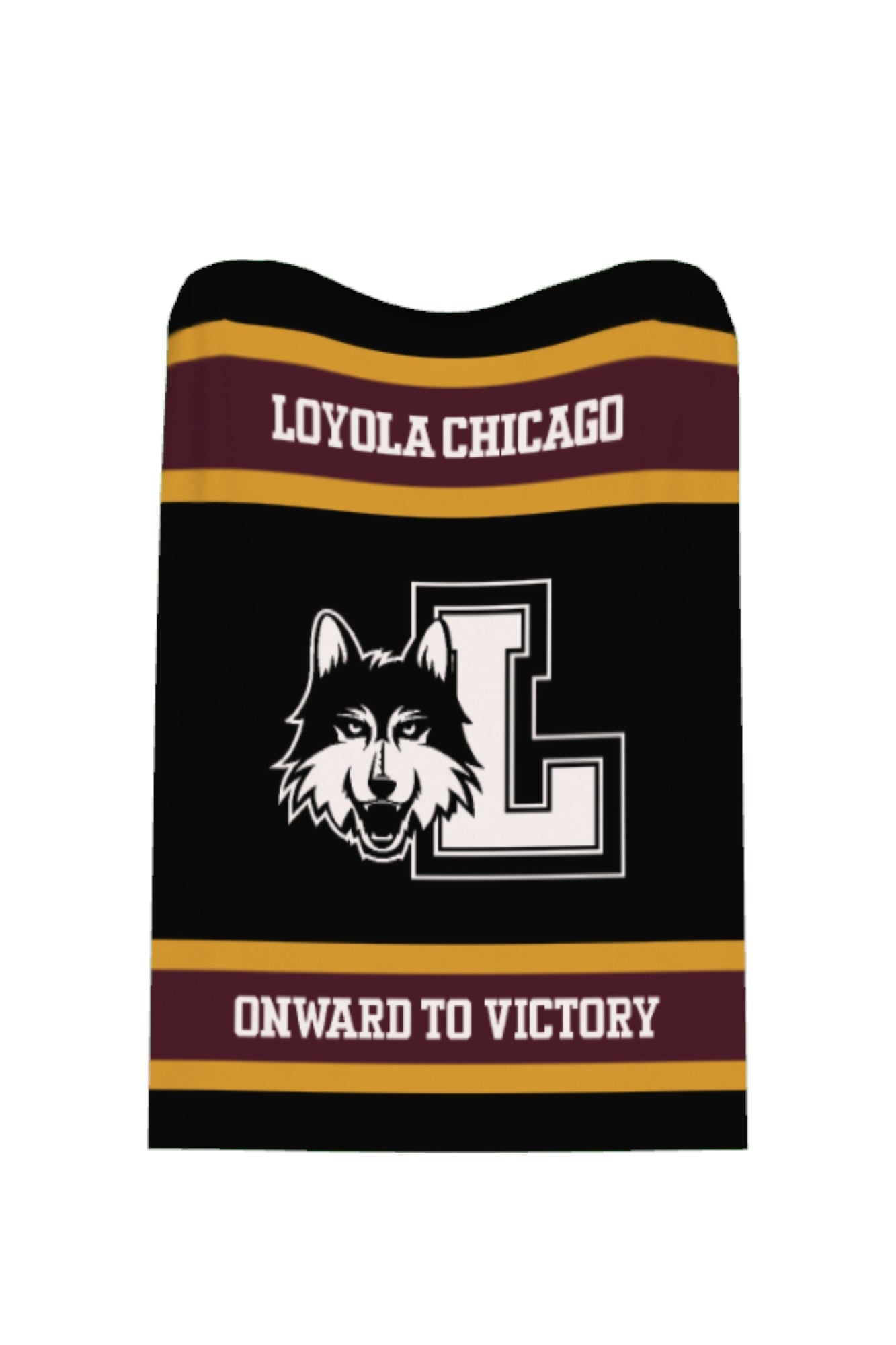 Loyola University Chicago varsity knit throw blanket in black, burgundy, and mustard gold with wolf head block L logo by SOUNDOFF - front