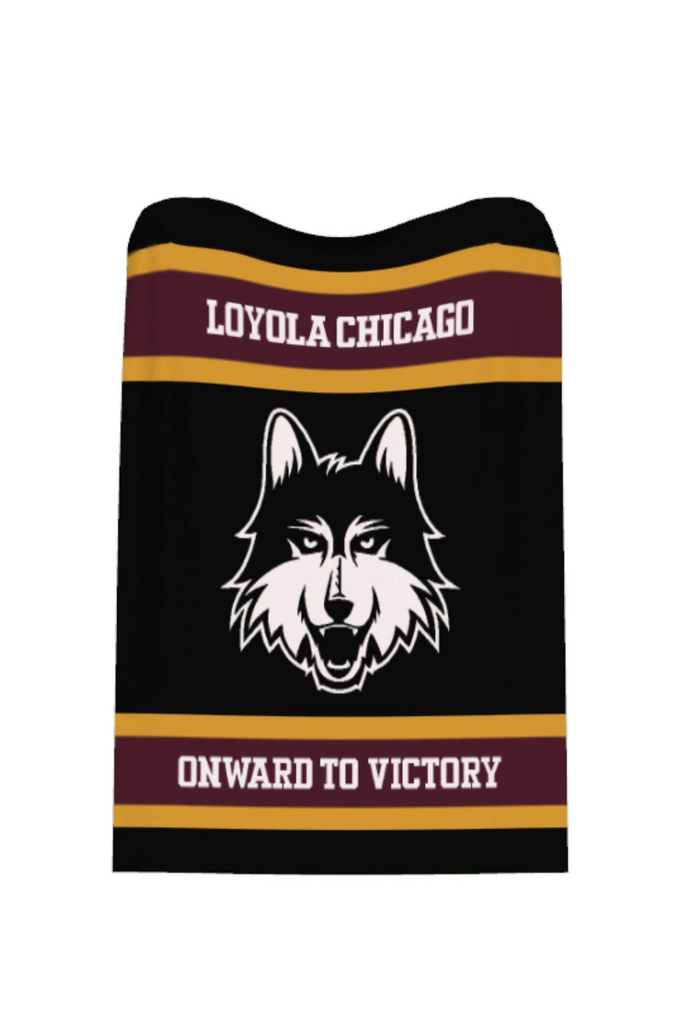 Loyola University Chicago varsity knit throw blanket in black, burgundy, and mustard gold with LUC Wolf head logo by SOUNDOFF - flat