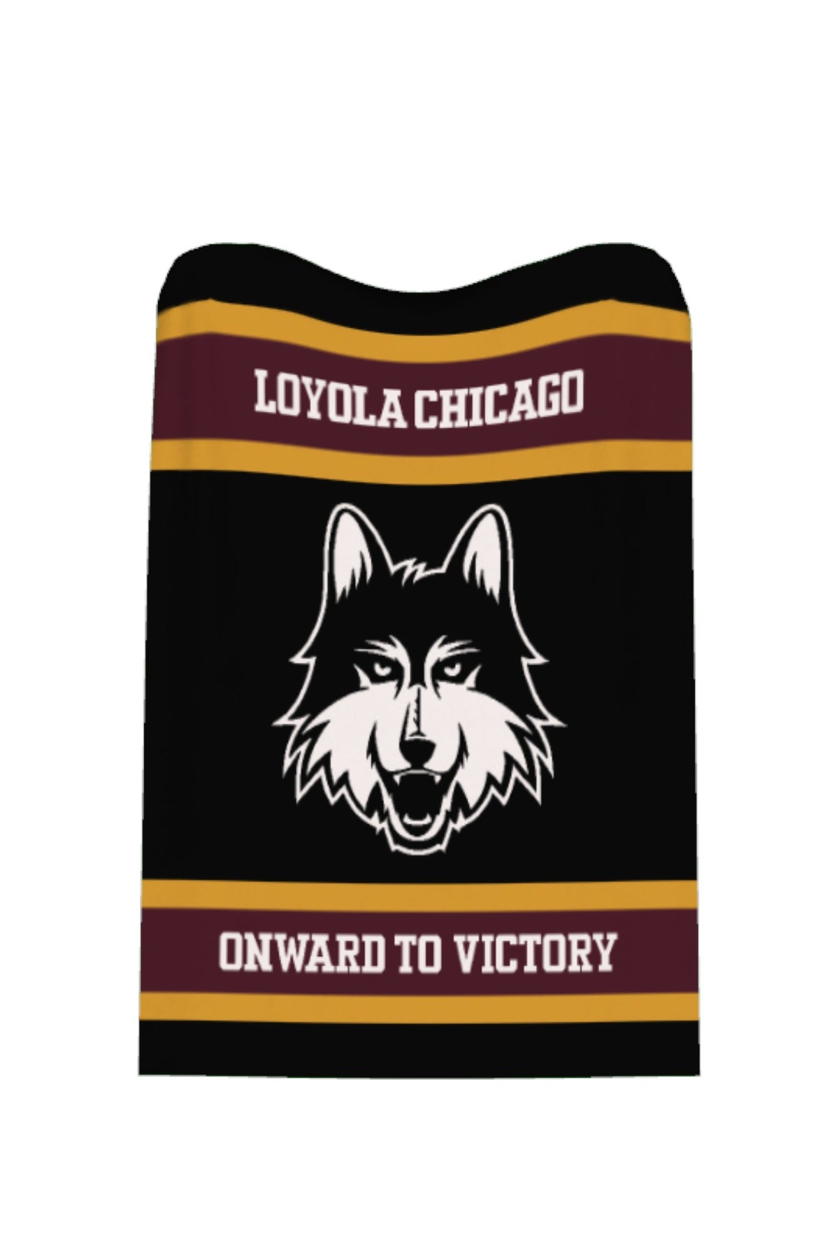 Loyola University Chicago varsity knit throw blanket in black, burgundy, and mustard gold with LUC Wolf head logo by SOUNDOFF - flat