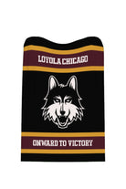 Loyola University Chicago varsity knit throw blanket in black, burgundy, and mustard gold with LUC Wolf head logo by SOUNDOFF - flat